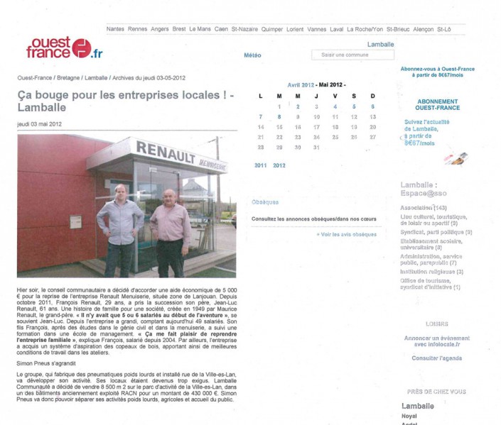 Ça bouge pour les entreprises locales ! entreprises locales, Menuiserie Renault, article, presse